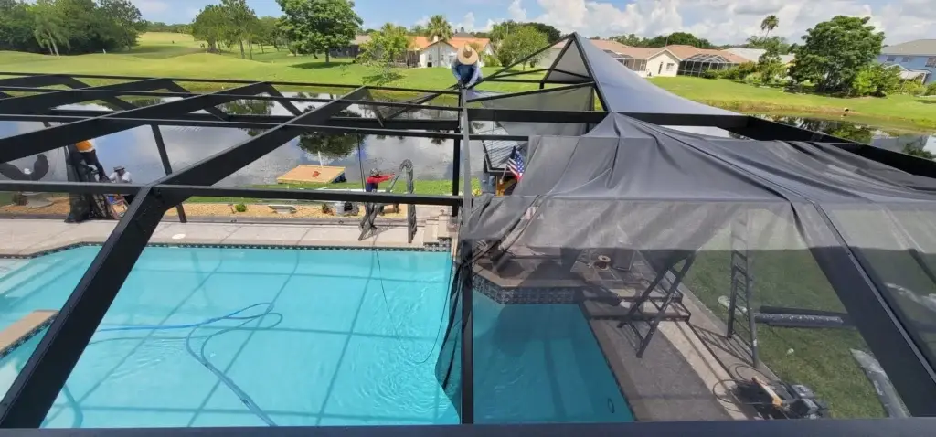 ABC Pool Cage Painting is in the process of rescreening a pool enclosure in beautiful Naples, Florida.