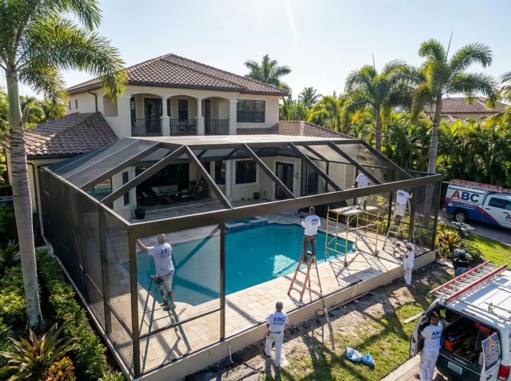 ABC Pool Cage Painting workers doing a screen repair project in Sarasota Fl