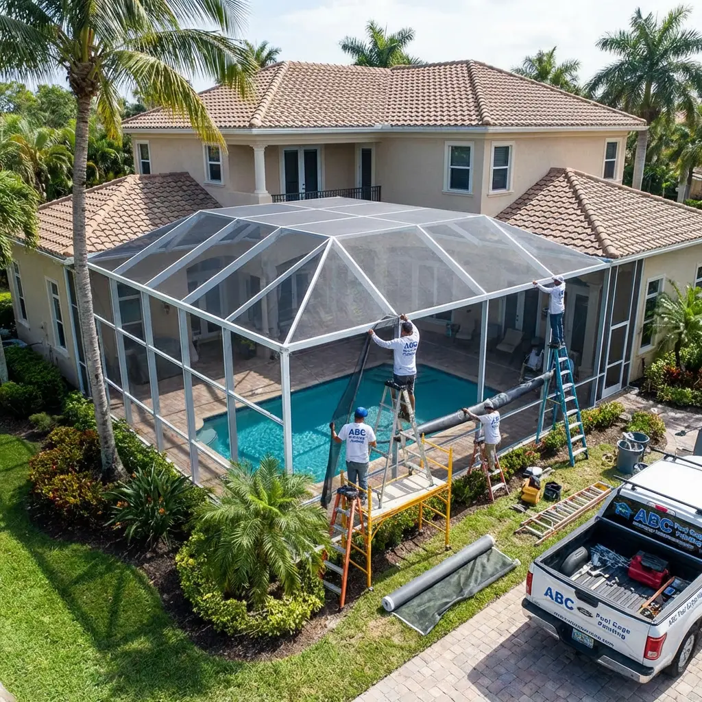 ABC Pool Cage workers doing a rescreening project.