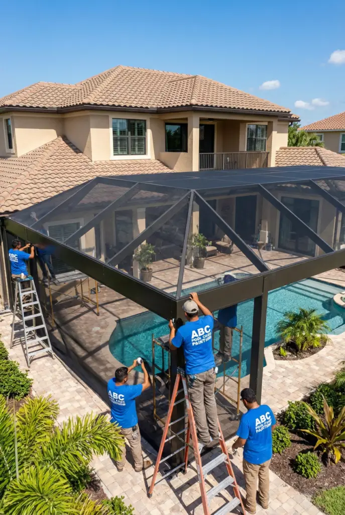 Workers at ABC Pool Cage Painting installing a panoramic screen enclosure.