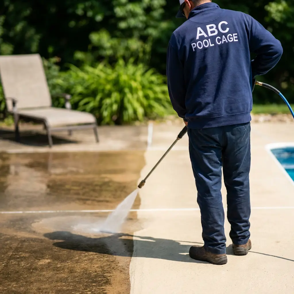 An ABC Pool Cage team member carefully Power Washing a pool enclosure.