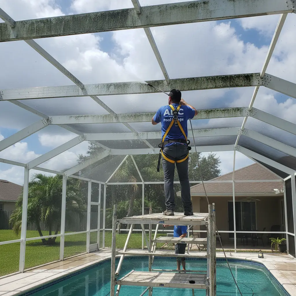 An ABC Pool Cage worker meticulously Pressure Washing a dirty pool cage