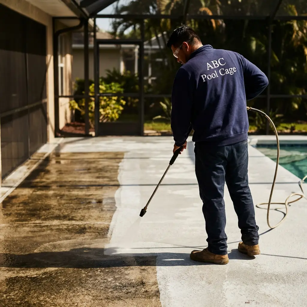 An employee from ABC Pool Cage meticulously cleans a pool enclosure.
