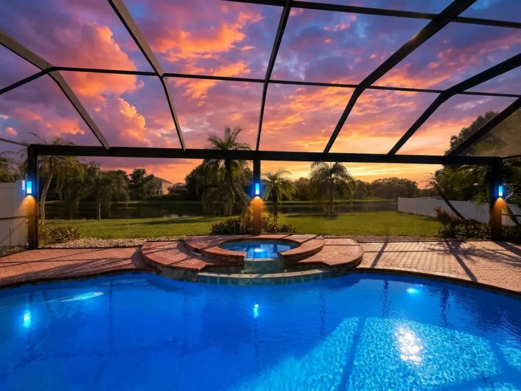 Black pool cage with a panoramic picture-window screen and LED post lights glowing at sunset