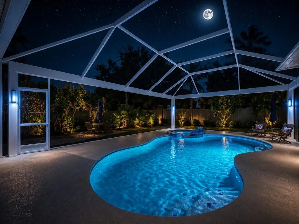 Pool cage LED lighting at night under a full moon, post lights glowing around the pool