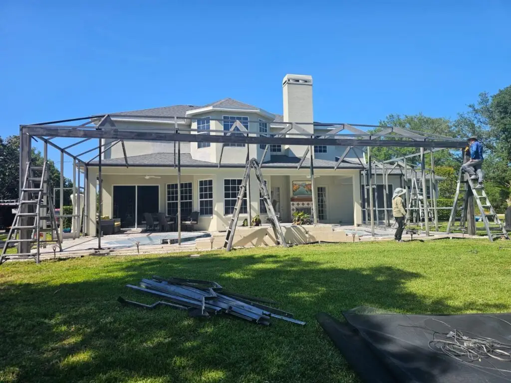 Pool enclosure rescreening: frame stripped and ready for new screen